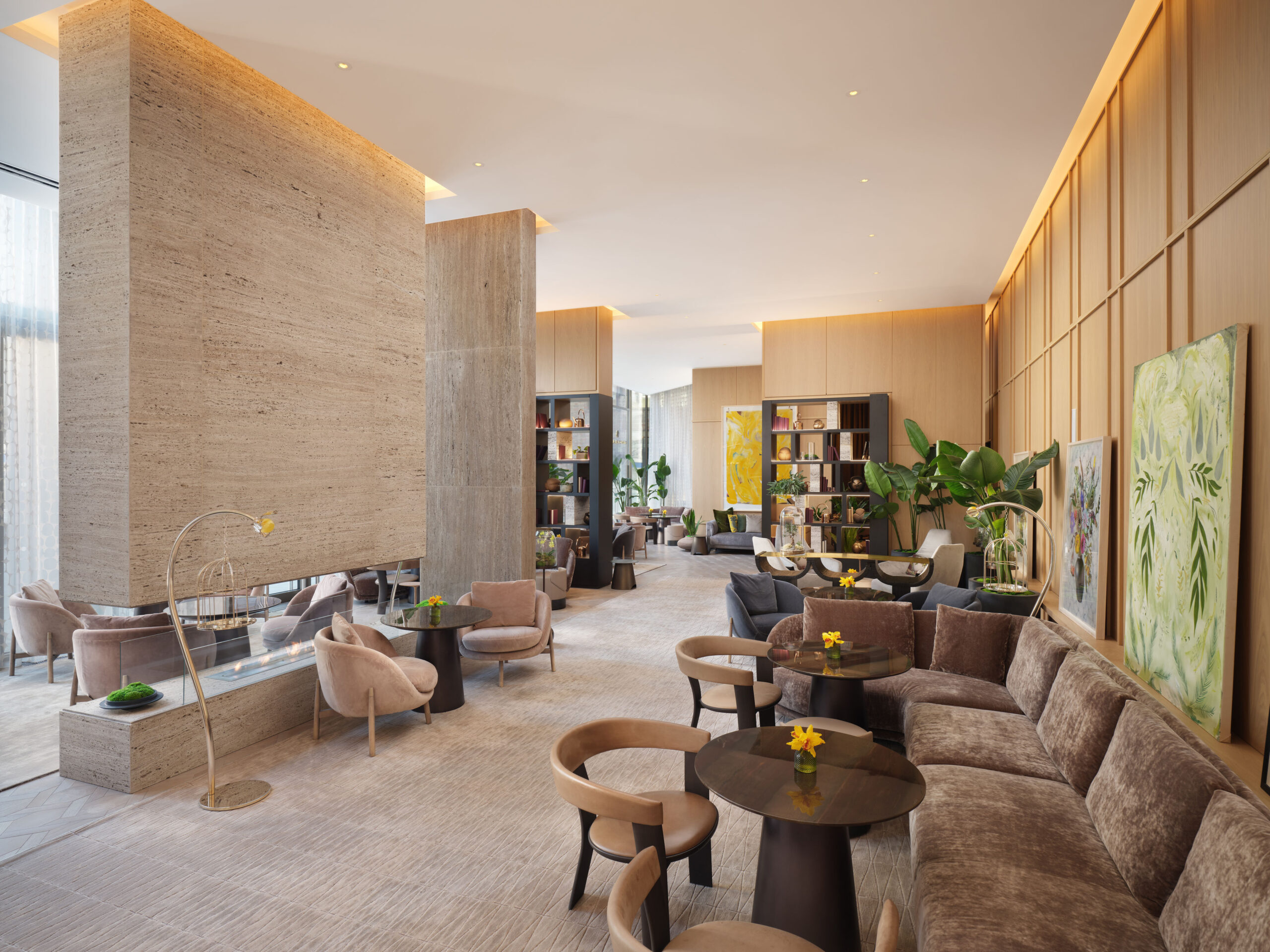 Afternoon Tea Spots in the City of London - The Orchid Lounge at Pan Pacific London - soft lounge seating around a modern central fireplace