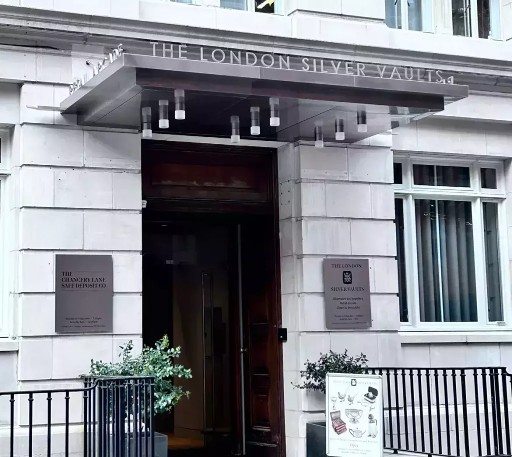 Best Independent Shopping Experiences - The London Silver Vaults - Entrance doorway, pale stone building 