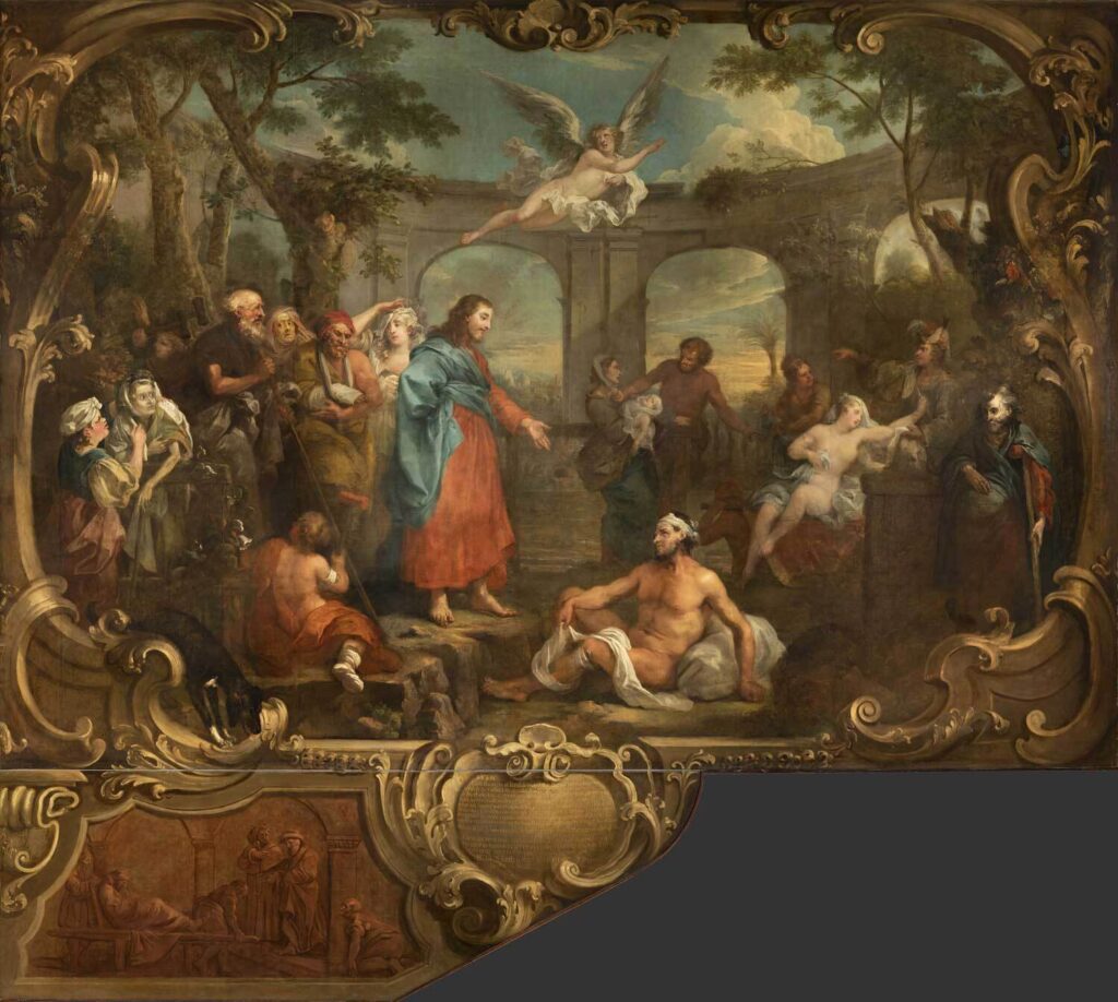 Art in the City of London - William Hogarth' painting (1697-1764) The Pool of Bethesda, 1736 © St Bartholomew’s Heritage - a theatrical oil painting of religious figures and angels on a stage 