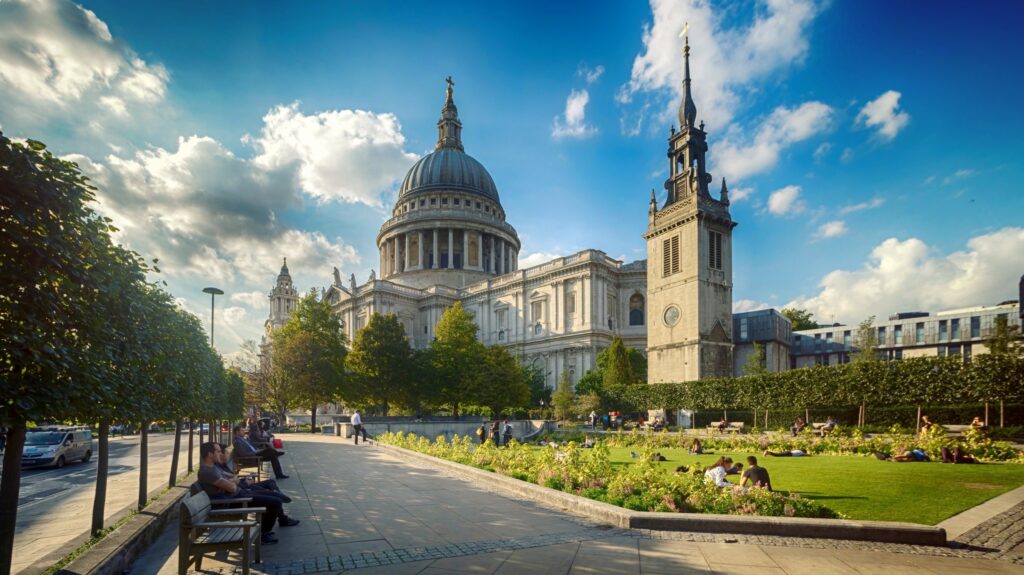 Family Fun Activities to Enjoy on the Weekend in the City of London - An image of St Pauls CAthedral on a sunny day with people sitting in festical 