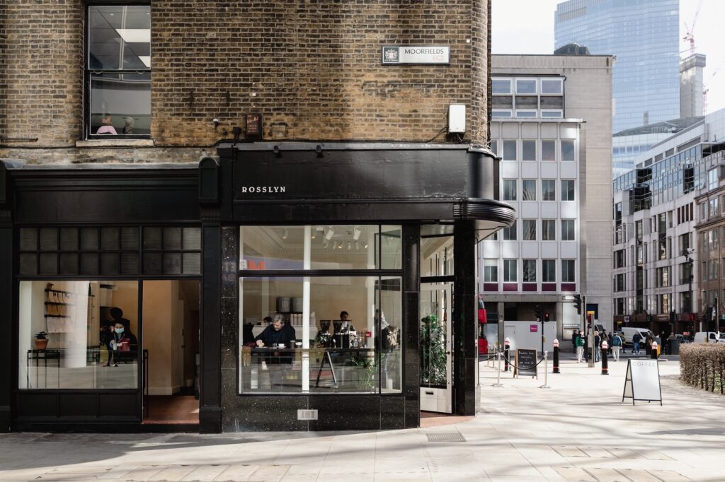 Rosslyn Coffee - London Wall - modern black cafe on the corner of the street