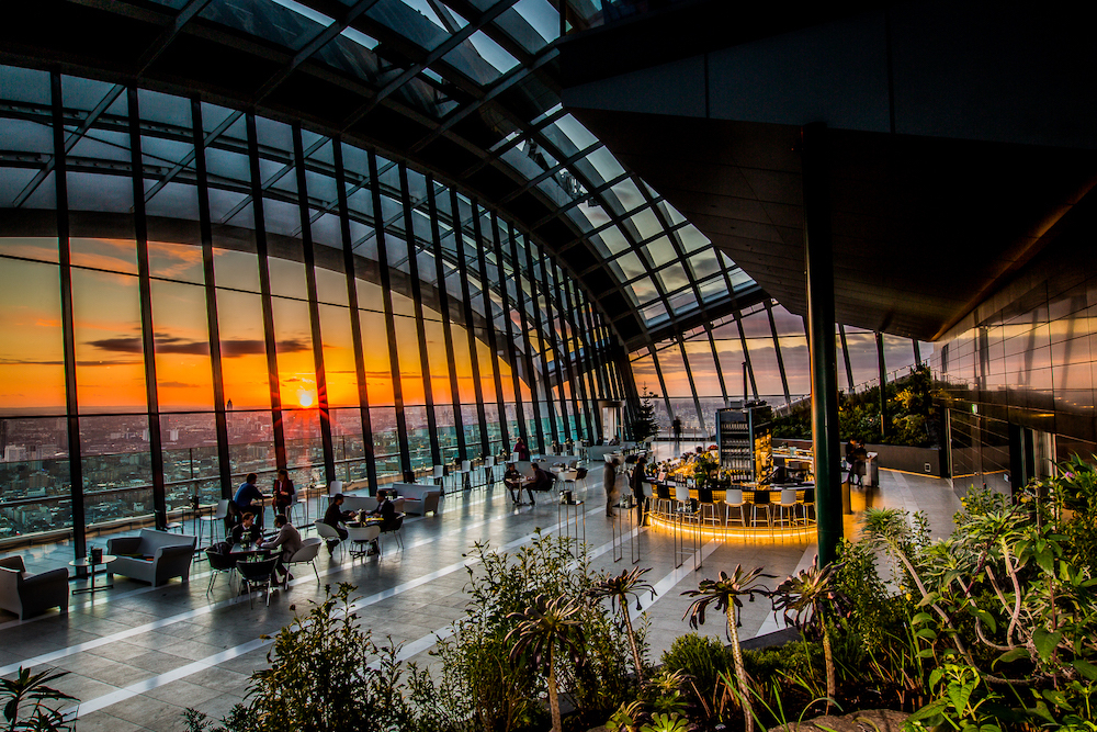 Sky Garden London’s skyline - an image of the rooftop garden overlooking London at sunset.