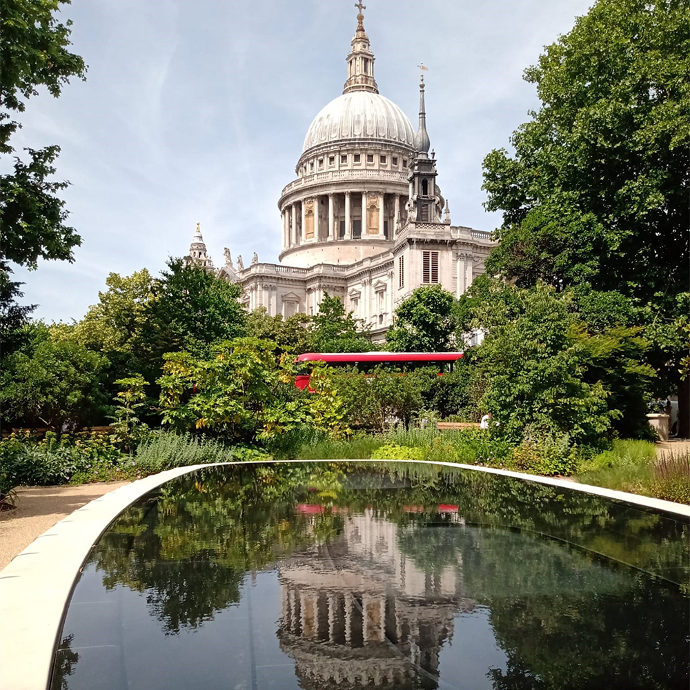 Water fountain showing St Paul's cathedral reflection surrounded by trees and a red bus in the horizon