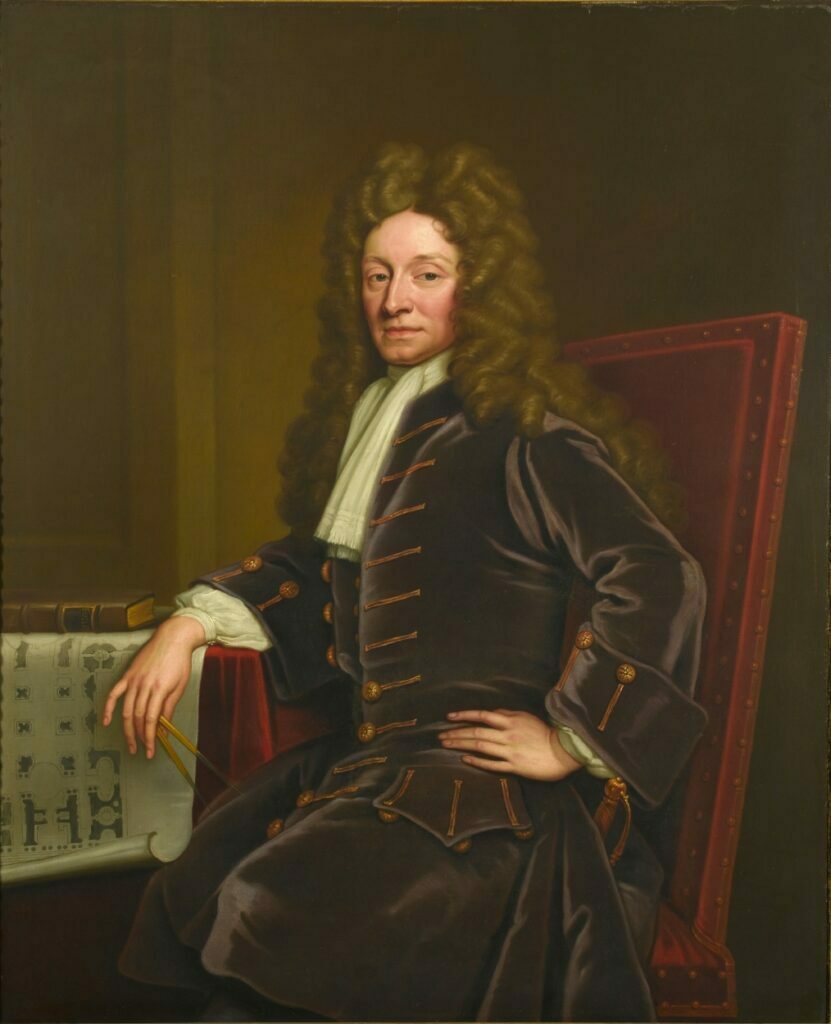 Christopher Wren: The Quest for Knowledge - wren-portrait oil painting - purple velvet jacket - long curly hair