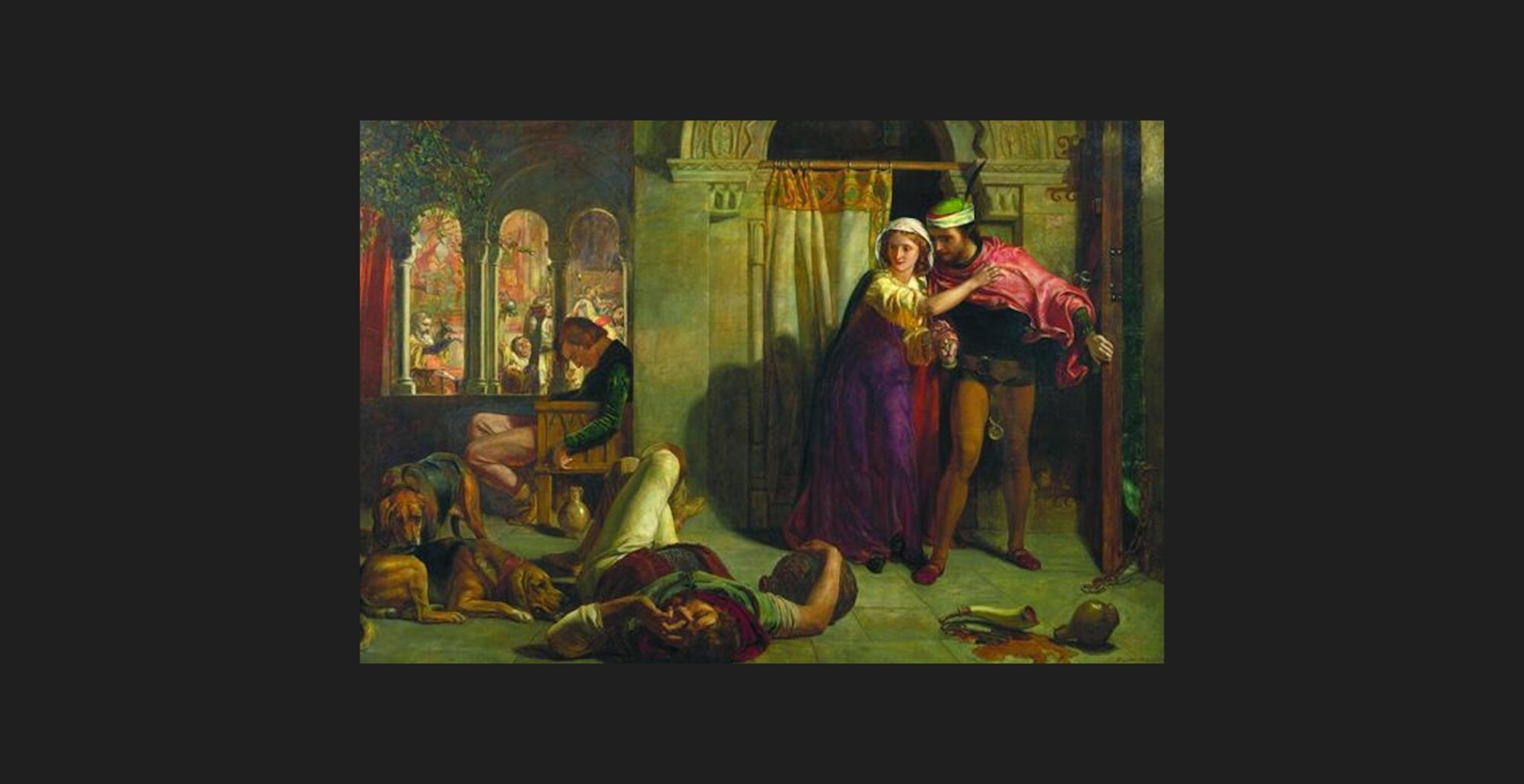 'The Eve of St Agnes', Holman Hunt, William (1848) - dramatic scene with a man lyig on the floor, dogs in the background