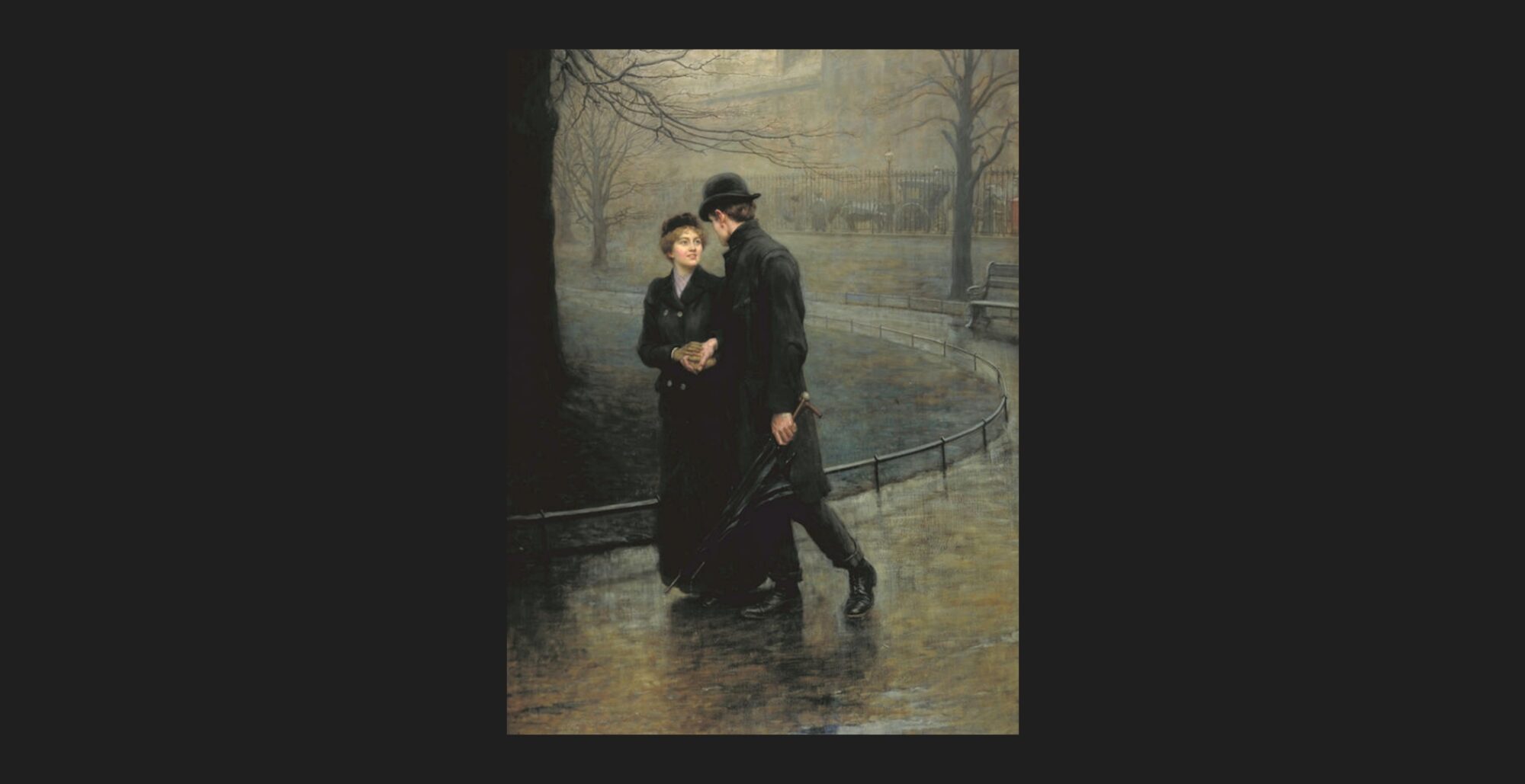 Painting of a couple smartly dresses walking through a park - 'The Garden of Eden', Riviere, Hugh Goldwyn (1901)