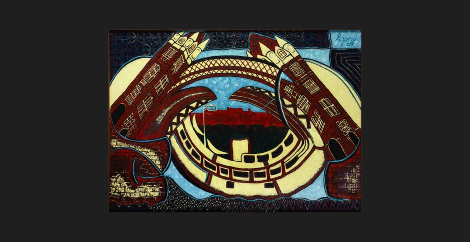 'Tower Bridge', Uzo Egonu (1968) - surreal painting of tower bridge curving in on itself