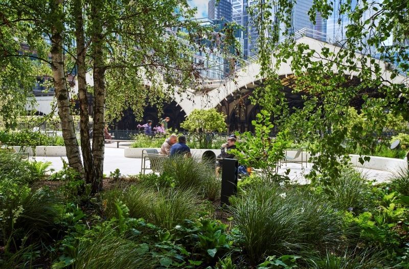 People sitting on benches in a park - green plants and trees, buildings in the background.