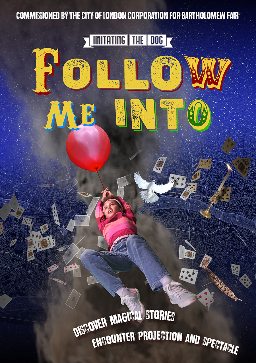 A child wearing a pink striped top, blue jeans and pale blue and pink lace up shoes, holding on tight to a red balloon which appears to be carrying her up and away over the City of London by night beneath her. She has a look of wonder and excitement on her face. She is surrounded by objects swirling around her, playing cards, a feather, a candle, a dove. Title and commission details and a short description of the piece along the top and foot of the image.