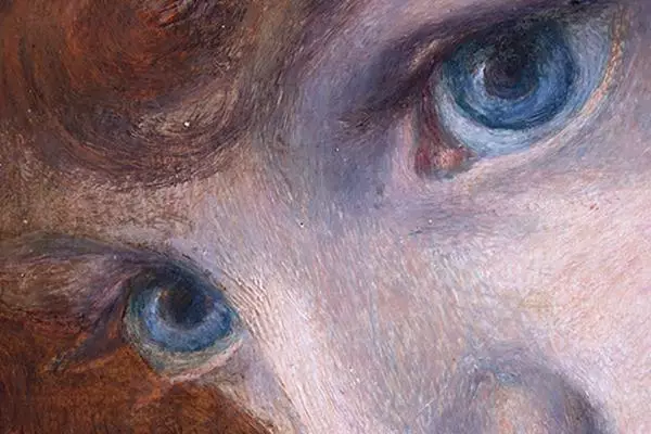 close up on the eyes of a woman in a painting