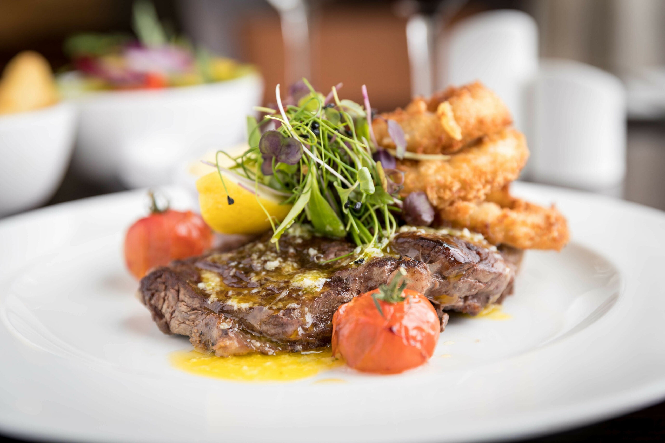 steak, salad, onion rings