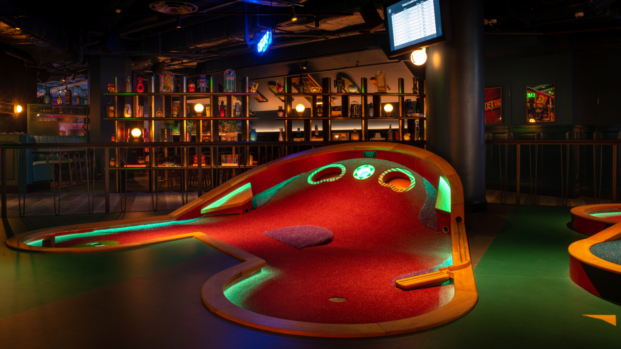 Colourful indoor crazy golf hole