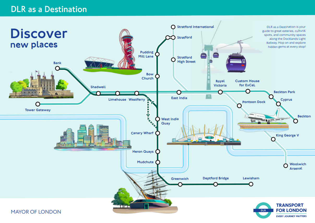 A map of the Docklands Light Railway (DLR) network