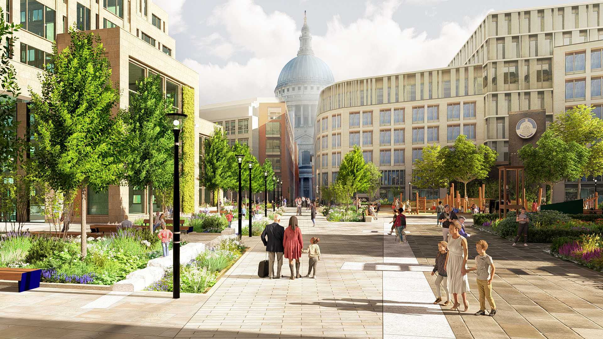 An artist view of a pedestrianised square featuring trees, plants and St Paul's Cathedral in the background