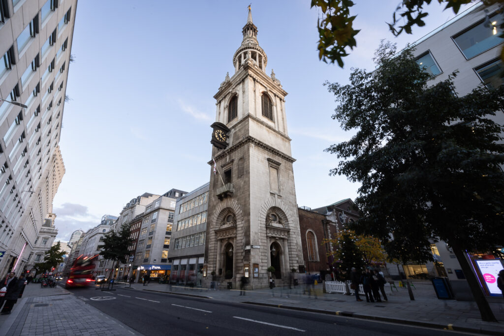 Outside view of St Mary-le-bow church steeple.