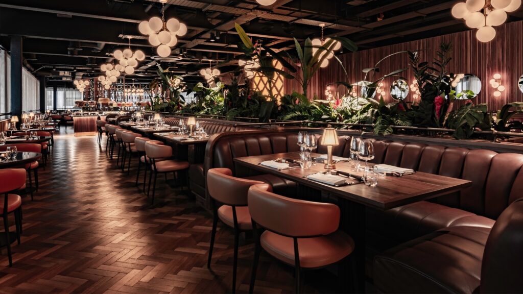 Interior of Fazenda with tables and chairs set out.