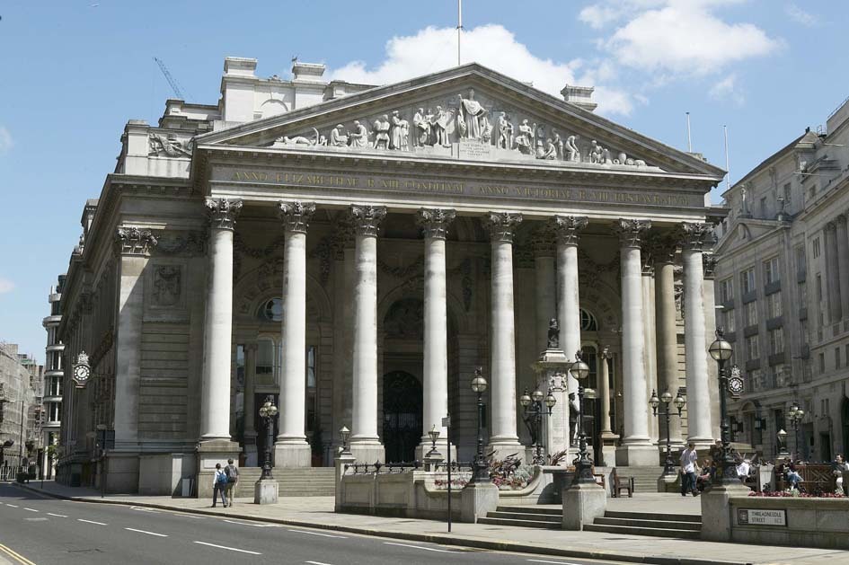 Outside of The Royal Exchange with an imposing eight-column portico, inspired by the Pantheon in Rome.