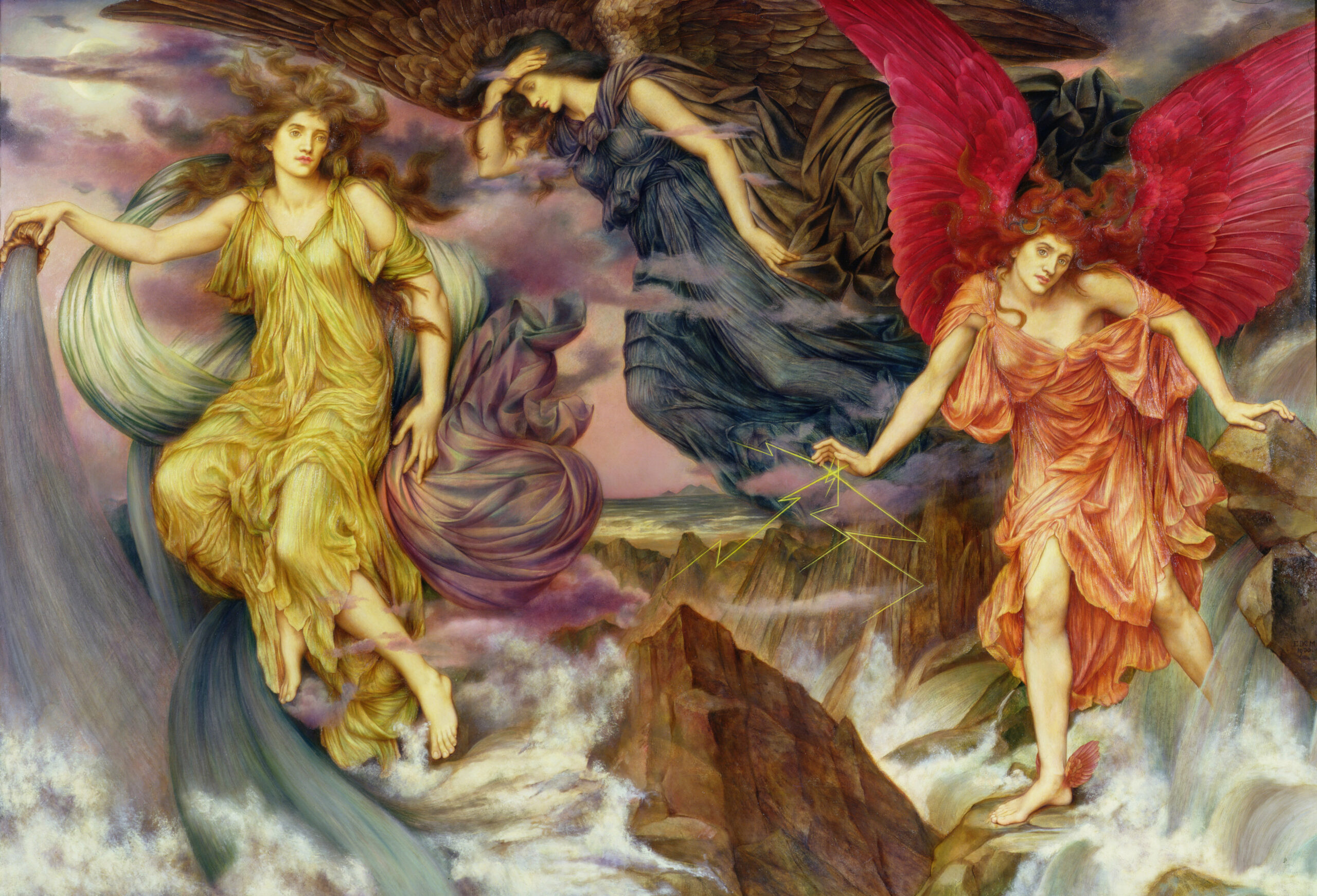 Painting titled 'The Storm Spirits' by Evelyn De Morgan, depicting three ethereal figures with wings amidst a dynamic, swirling skyline over rocky terrain.