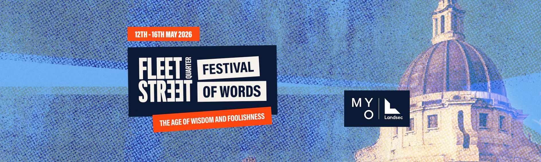 Promotional Banner for the Festival of words, with a blue background and the dome of St Pauls to the right.