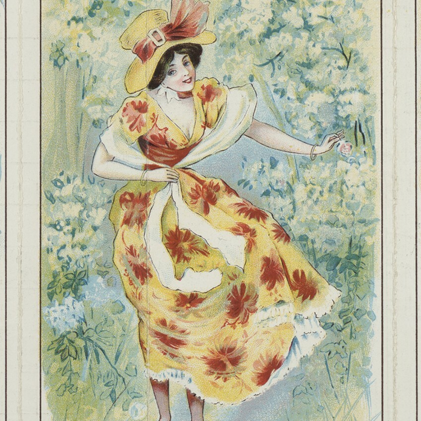 A vintage-style illustration of a performer in colorful costume on a pale blue background.