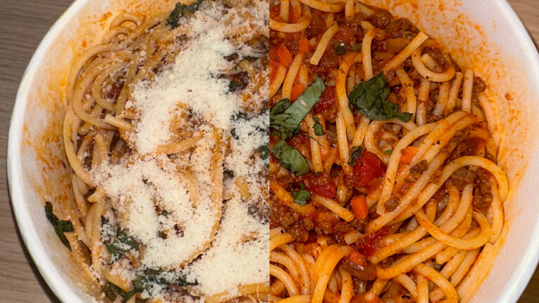 A 50/50 split image with a standard and meat free version of spaghetti bolognese