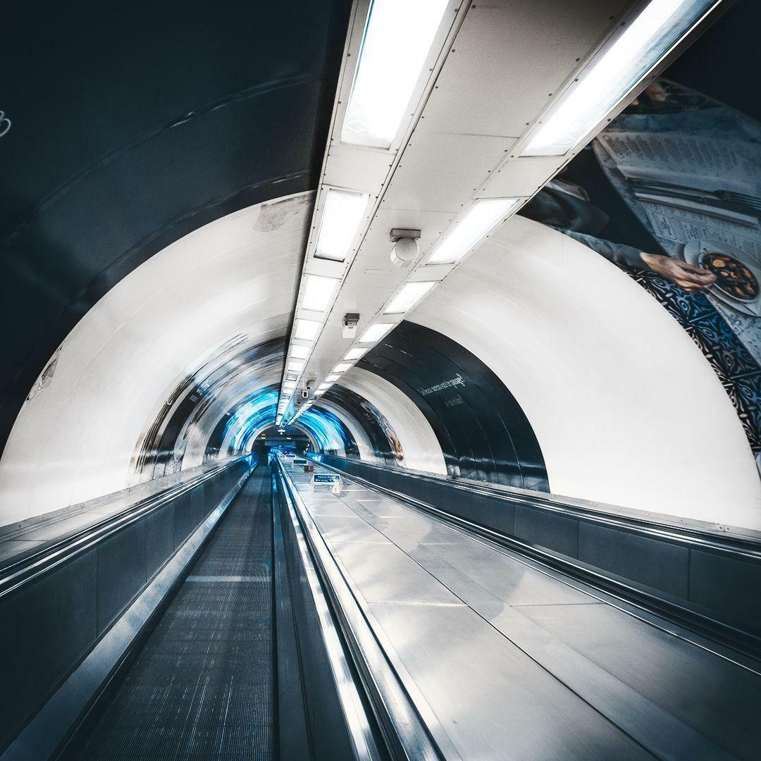 An image taken from the moving walkway of Bank station