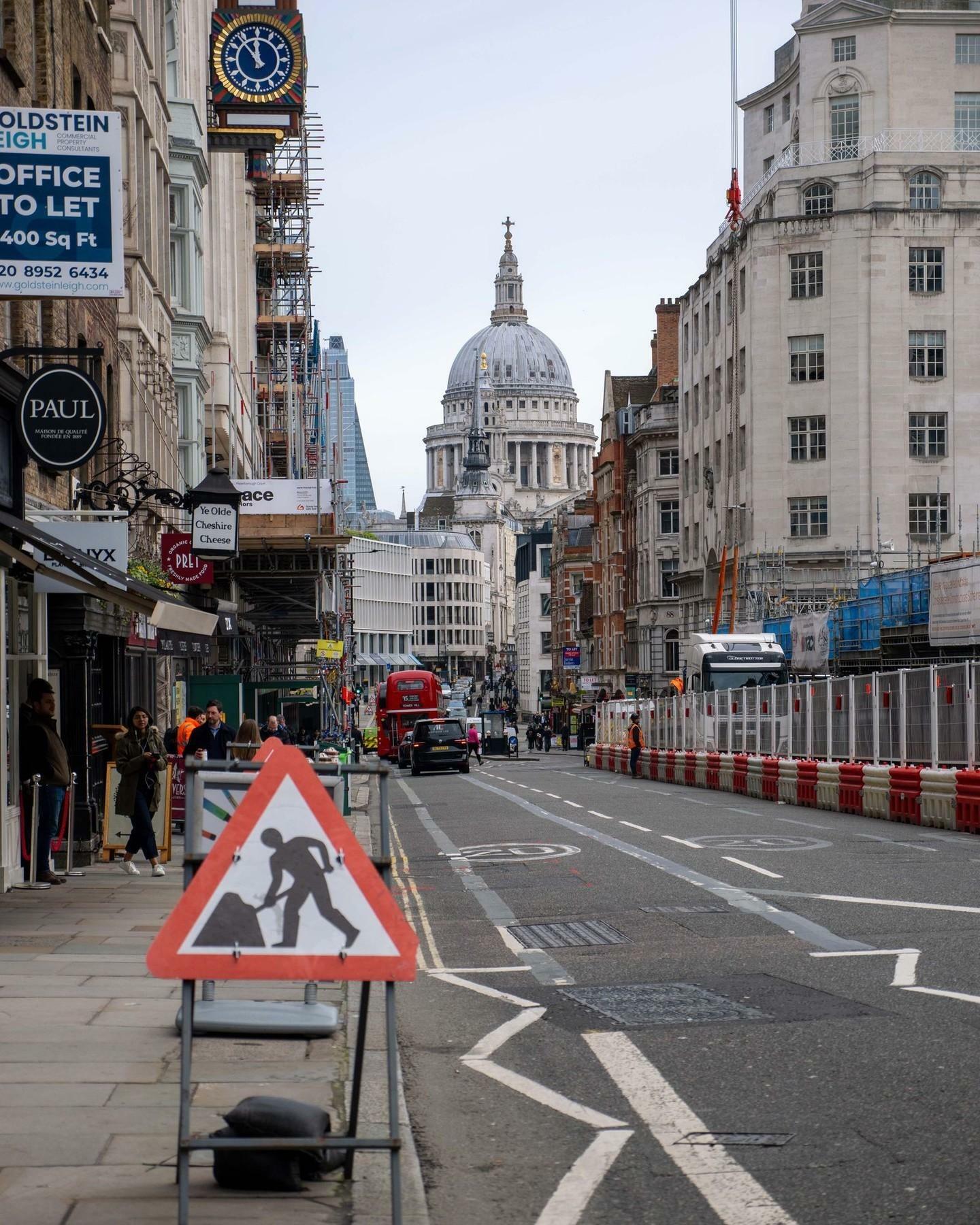 View up Ludgate Hill/Fleet Street from outside the Cheshire Cheese